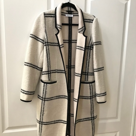 Off White Calvin Klein Sweater Coat with Trim - Picture 1 of 5